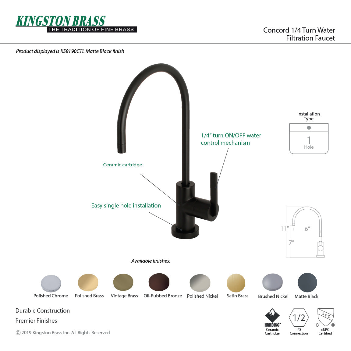 Kingston Sona KS8190CTL - Continental Single-Handle 1-Hole Deck Mount Water Filtration Faucet, Matte Black — thumbnail 2